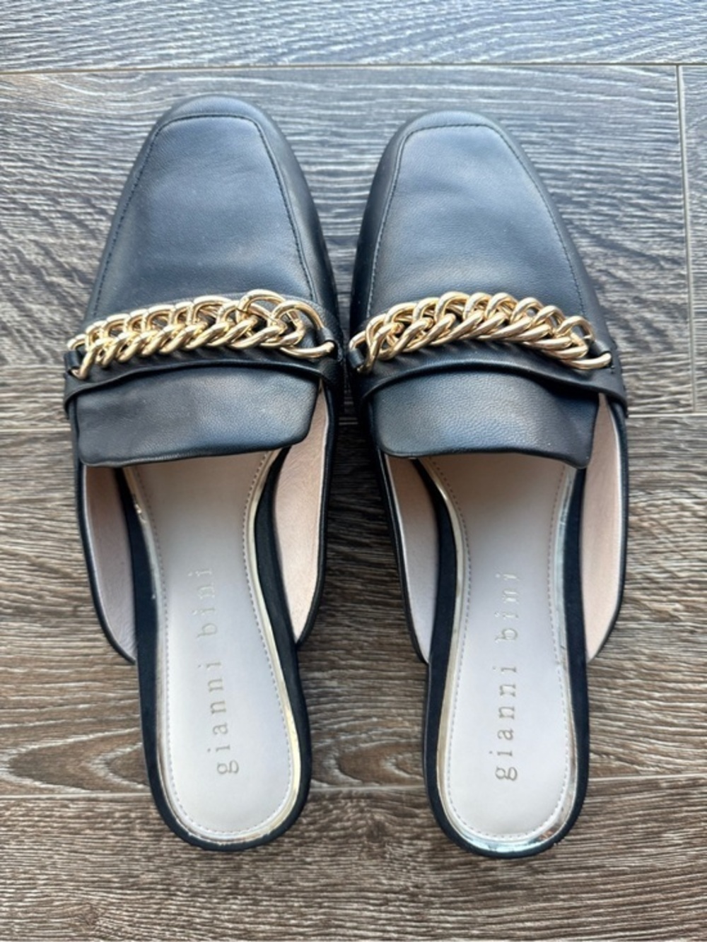 Gianni Bini Black Leather Slip-on Mules with Gold Chain Accent